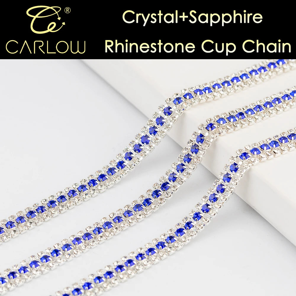 CARLOW AAAAA 3 Rows Rhinestone Cup Chain Sew on Shiny Gold Base Glass Stone Chain for Garement Decoration DIY