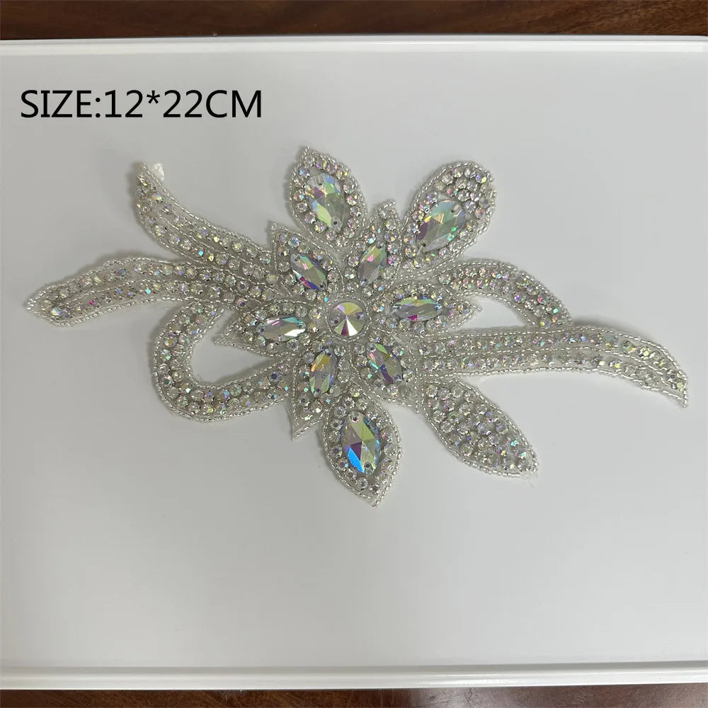 1PCS  AB Silver Rhinestone Applique flower patches Iron on/sew on wedding dress accessories For Clothes Decoration