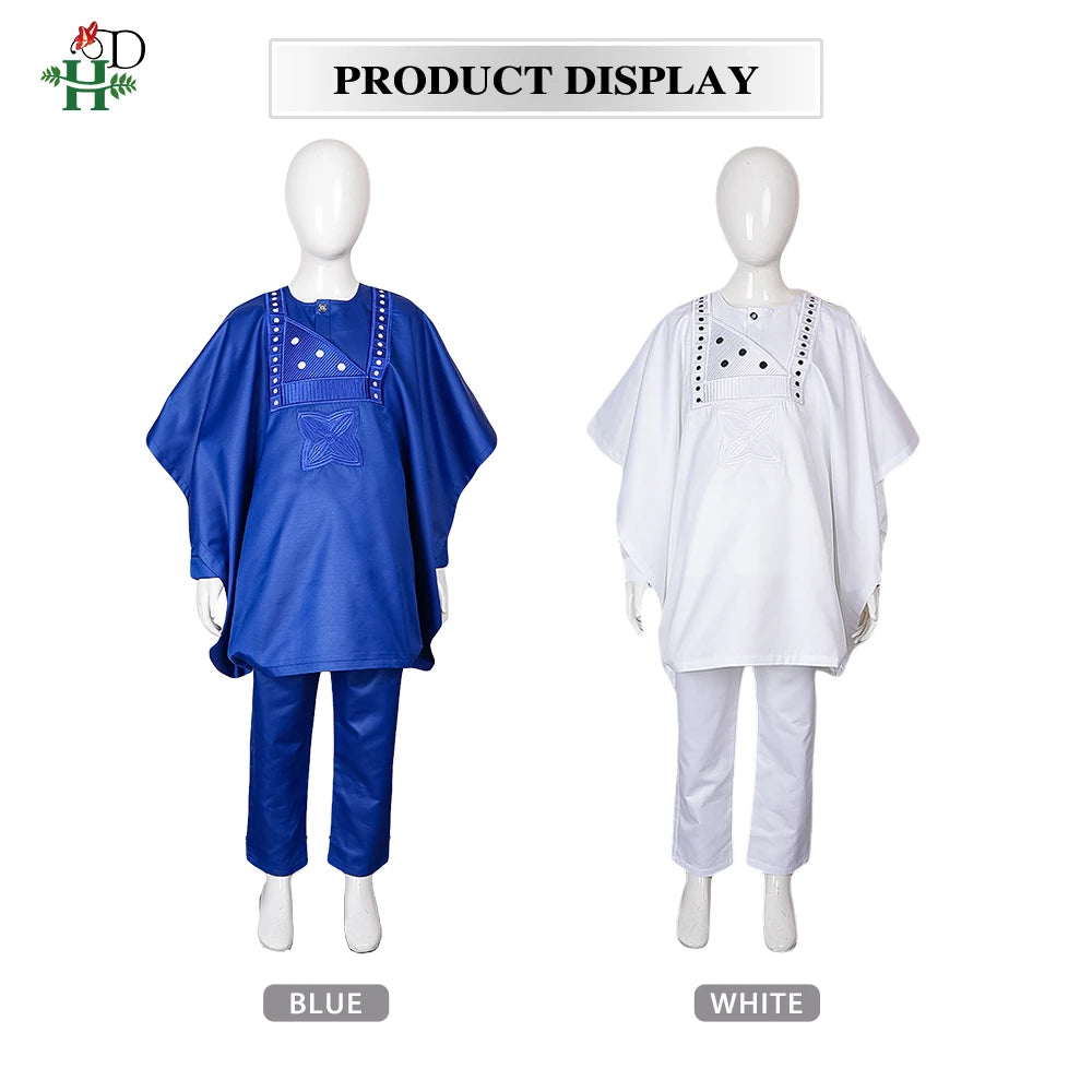 H&D New African Tradition Clothes For Kids Boys White Long Sleeve Tops Embroidery Dashiki Robe Shirt Pant Child Set 3 PCS 2024