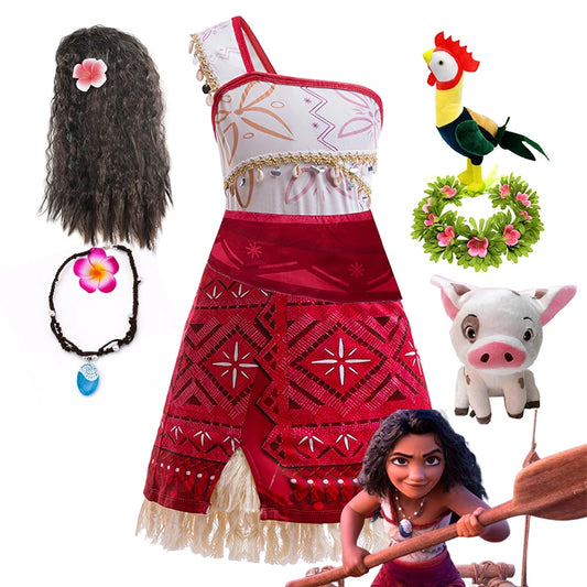 Girls New Movie Moana 2 Dress Halloween Party Adventure Costume Girl Princess Fancy Clothes Children Vaiana Pet Pig Outfit