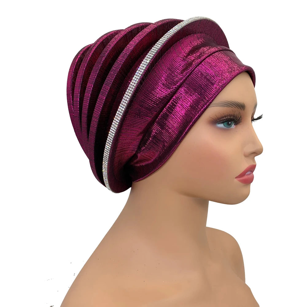 Elegant Diamonds Spiral Beret for Women Afrcian Lady Head Wraps Female Berets Turban Nigeria Headpiece Wedding Party Gele