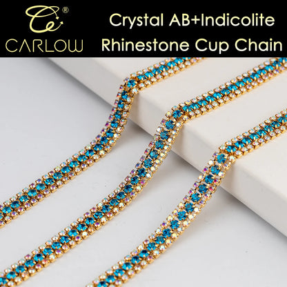 CARLOW AAAAA 3 Rows Rhinestone Cup Chain Sew on Shiny Gold Base Glass Stone Chain for Garement Decoration DIY