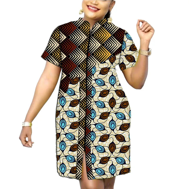 African Fashion Stand Collar Dress Patchwork Original Design Tailor Made Women's Outfit Colorful Print Female Summer Wear