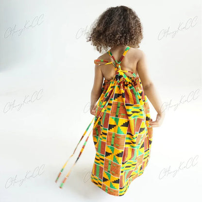 Girls African Clothes Children Fashion Cute Dresses Striped Print Dress for Baby w/ Headband Toddler Outfits