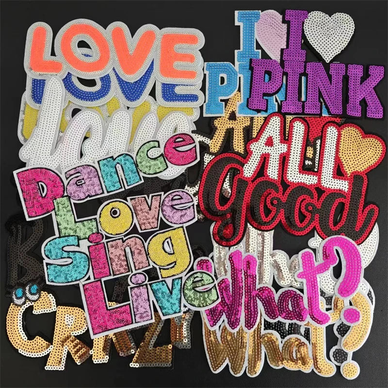 Clothing Women Shirt Top Diy Letter Patch Good LOVE Pink What Sequins deal with it T-shirt Sew on Patches for clothes Stickers