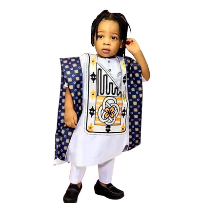 H&D New African Tradition Clothes For Kids Boys White Long Sleeve Tops Embroidery Dashiki Robe Shirt Pant Child Set 3 PCS 2024