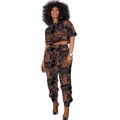 African Print Outfit Summer Women's Set Short Tops With Jogger Pants Casual Female Ankara Clothing