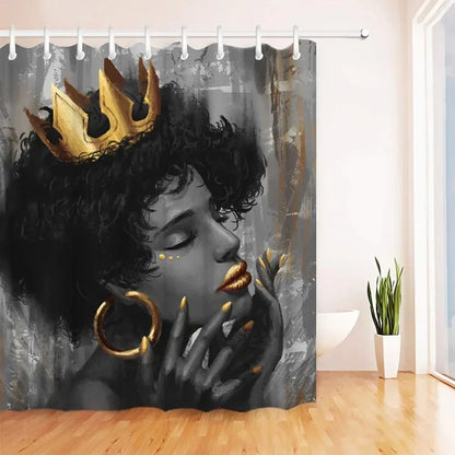 African Women Shower Curtain - Black Girl with Gold Crown Art, Elegant Bathroom Décor