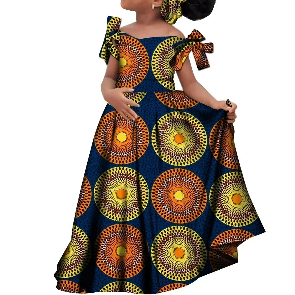 Kids Girls African Dashiki Dress Printted Vestidos Kids Cute Party Dresses African Clothing Long Dresses with Headscarf Wyt659