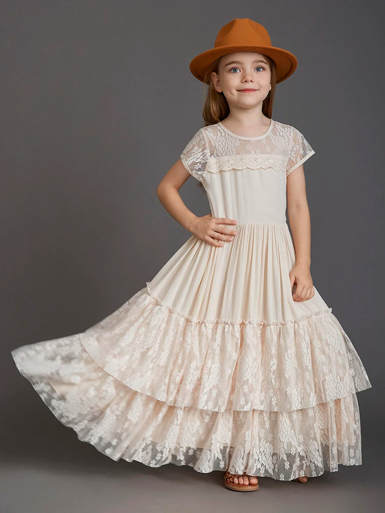 New 2024 Princess Girls Short Sleeve Lace Long Floor Dresses Baby Kids Flower Wedding Christmas Party Vestidos Children Clothing