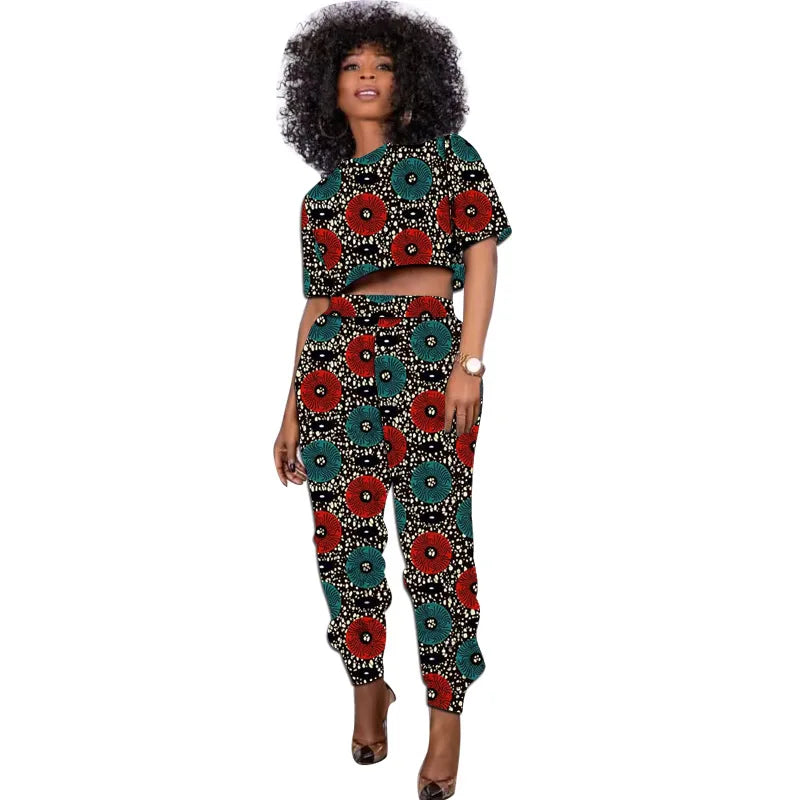 African Print Outfit Summer Women's Set Short Tops With Jogger Pants Casual Female Ankara Clothing