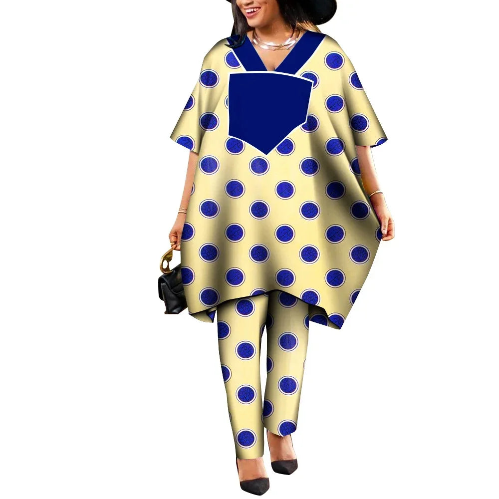 Ankara African Prints Two Pieces Set Women's Agbada Pant Suits Wax Cotton Loose T-Shirt Dashiki Clothing Plus Size WY9100