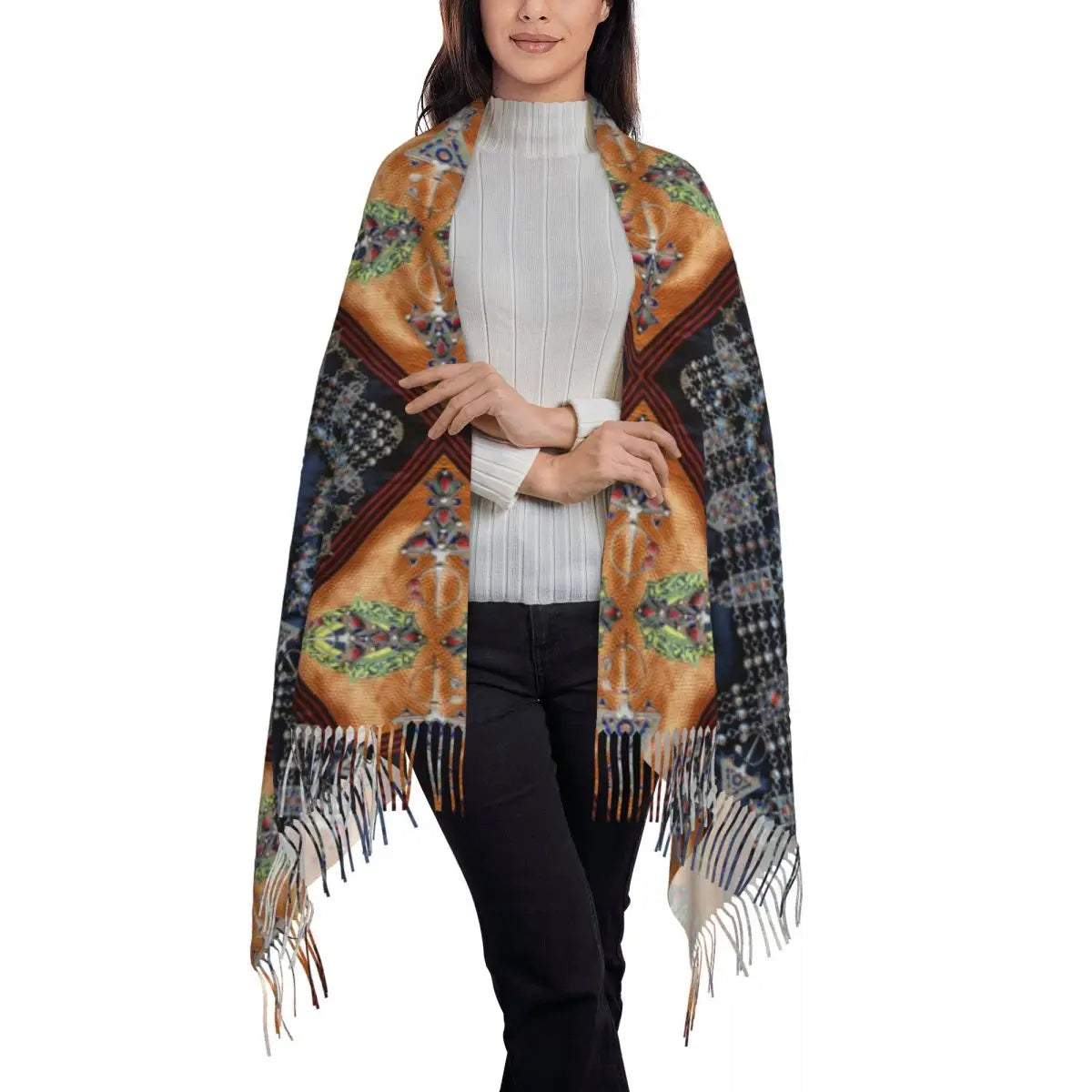 Kabyle Jewelry Scarf Wrap for Women Long Winter Fall Warm Tassel Shawl Unisex Amazigh Africa Ethnic Style Scarves