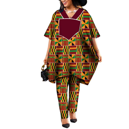 Ankara African Prints Two Pieces Set Women's Agbada Pant Suits Wax Cotton Loose T-Shirt Dashiki Clothing Plus Size WY9100