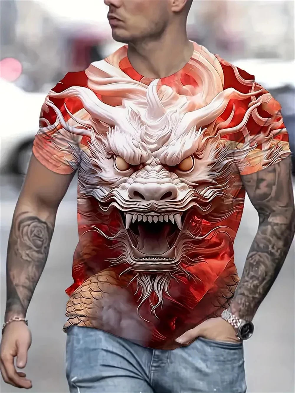 Mens Dragon Print Cotton Blend T-shirt - Stylish Crew Neck Comfortable & Breathable for Summer Casual Everyday Wear Hot Sale