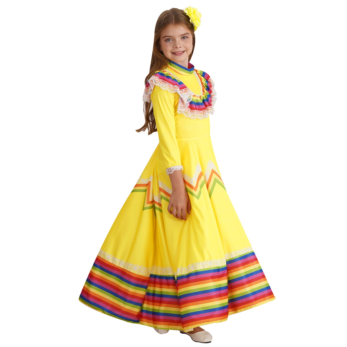 Kids Girls Mexican Style Costume Traditional Jalisco Dresses Carnival Festival Folklorico Dance Celebrations Performance Dress