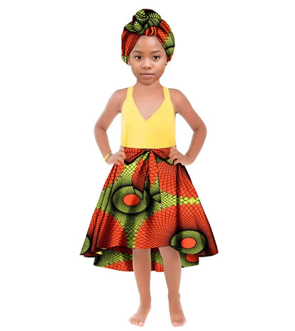 ORIENTAR African Girl's Clothes for Long Ankala Print Skirt Take A Headscarf To The Knees Children Clothing WYT842