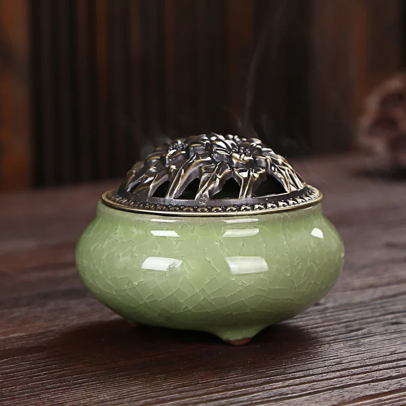 Ice Crack Ceramic Disc Incense Burner with Sandalwood Incense - Buddha Incense Holder for Room Decor, Censer