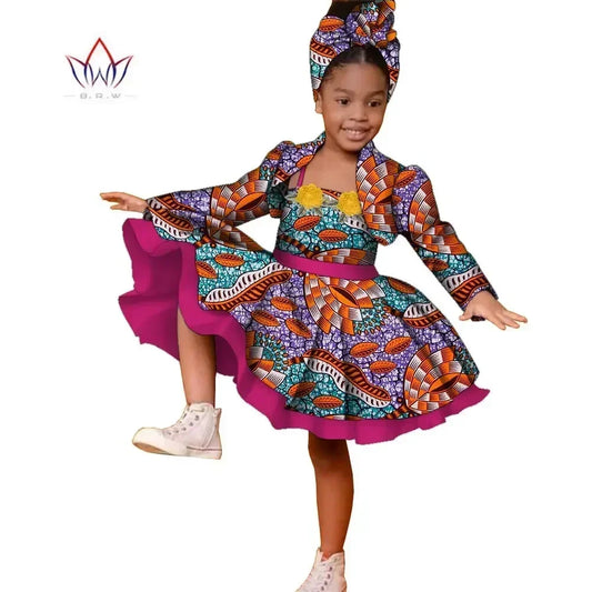 3pcs Set African Kids Gril Dashiki Dress Coat and Headtie Suits Africa Print Party Dresses Children Summer Clothes WYT723