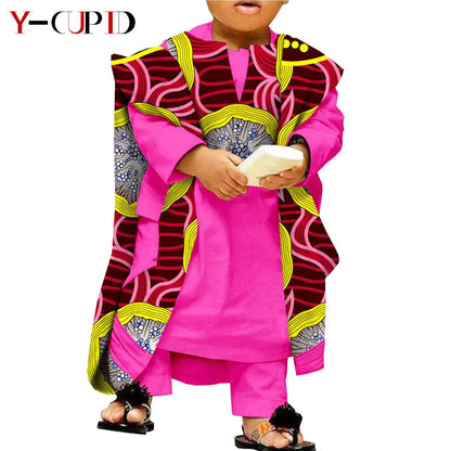 African Clothes for Kids Abaya Boys Outfits Bazin Riche Children Shirt and Pants Print Robes 3 Pieces Sets Ankara Suits S204032