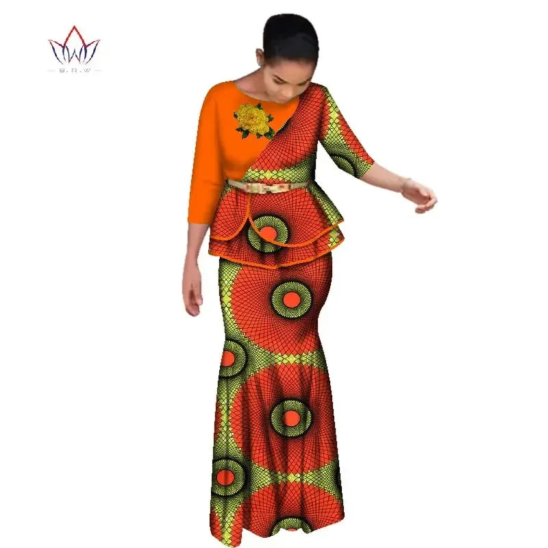 BRW Traditional African Clothes for Women Dashiki 2 Pcs Outfits Rose Applique Tops and Long Skirt Set Elegant Party Dress WY2642