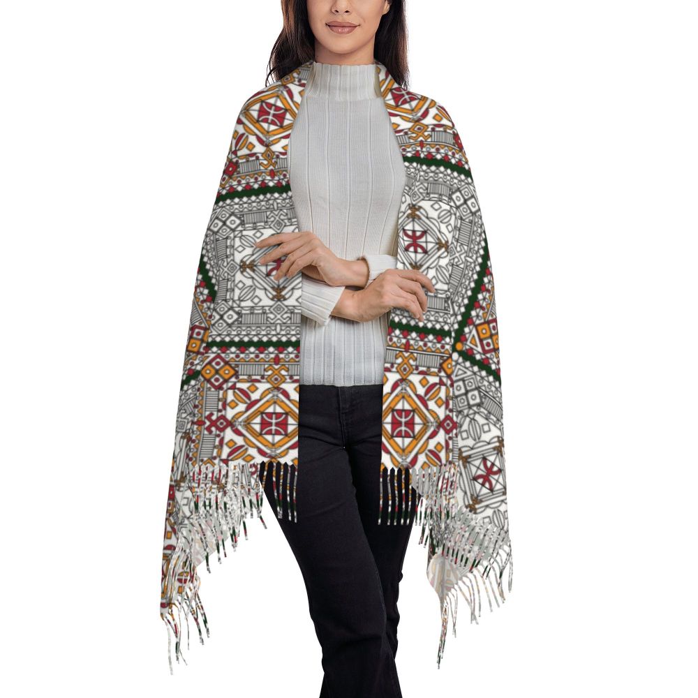 Amazigh Foutha Kabyle Scarf Wrap Women Long Winter Warm Tassel Shawl Unisex Mediterranean Geometric Scarves