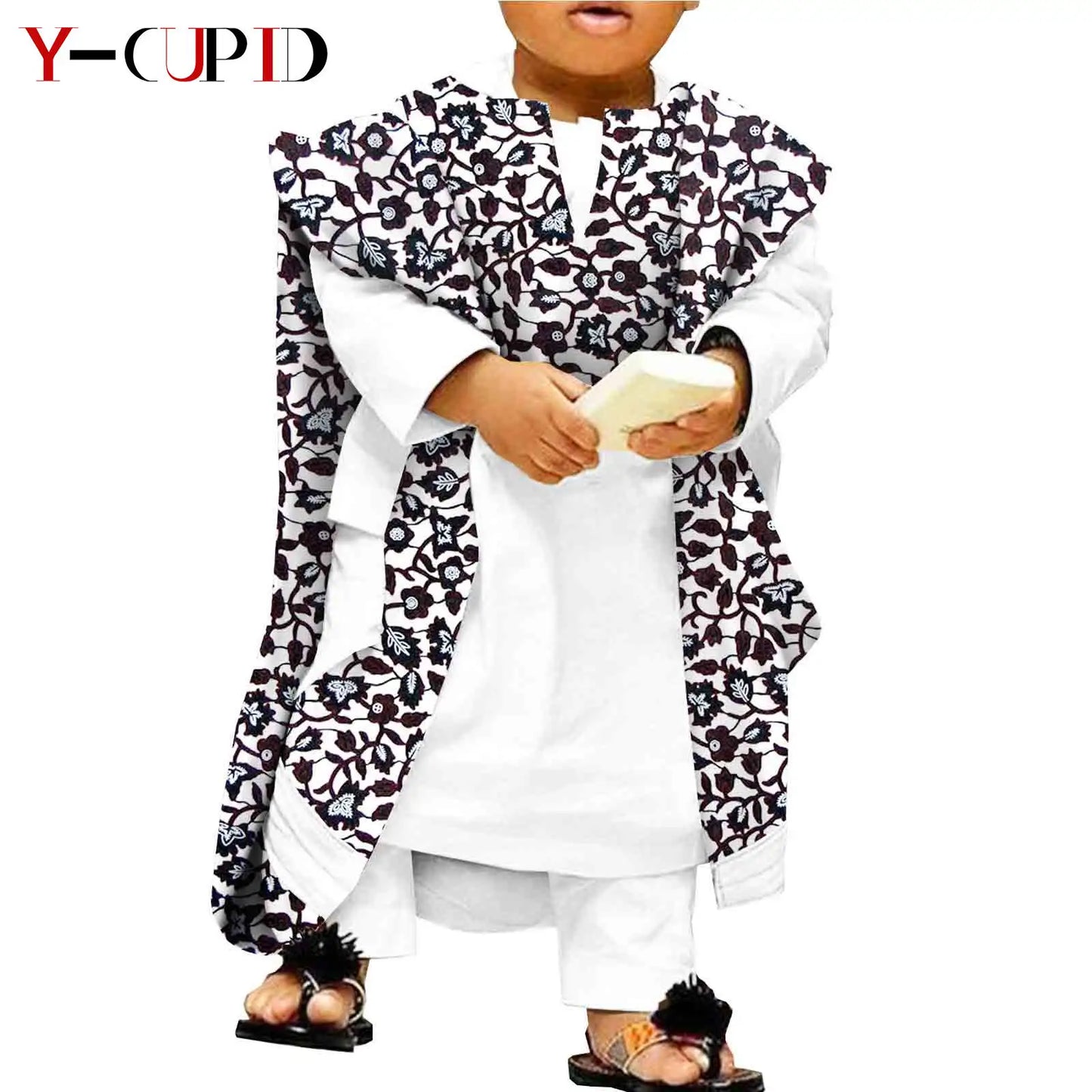 African Clothes for Kids Abaya Boys Outfits Bazin Riche Children Shirt and Pants Print Robes 3 Pieces Sets Ankara Suits S204032