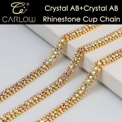 CARLOW AAAAA 3 Rows Rhinestone Cup Chain Sew on Shiny Gold Base Glass Stone Chain for Garement Decoration DIY