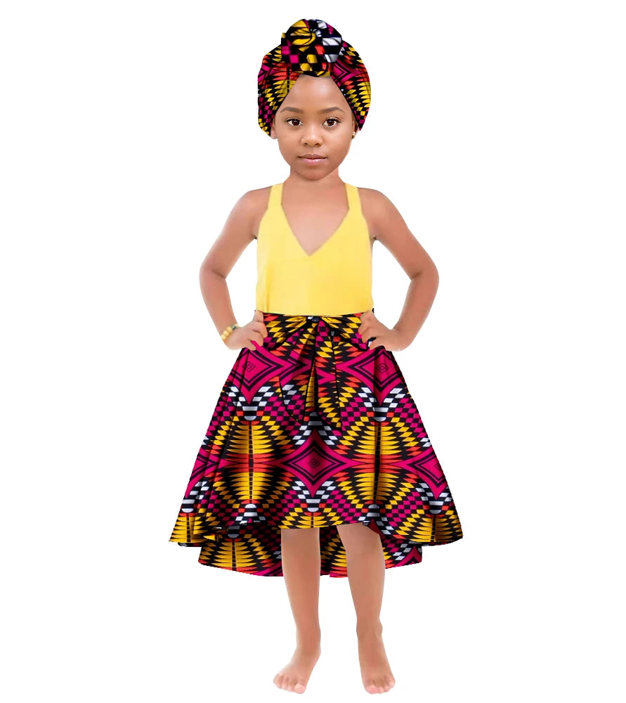 ORIENTAR African Girl's Clothes for Long Ankala Print Skirt Take A Headscarf To The Knees Children Clothing WYT842