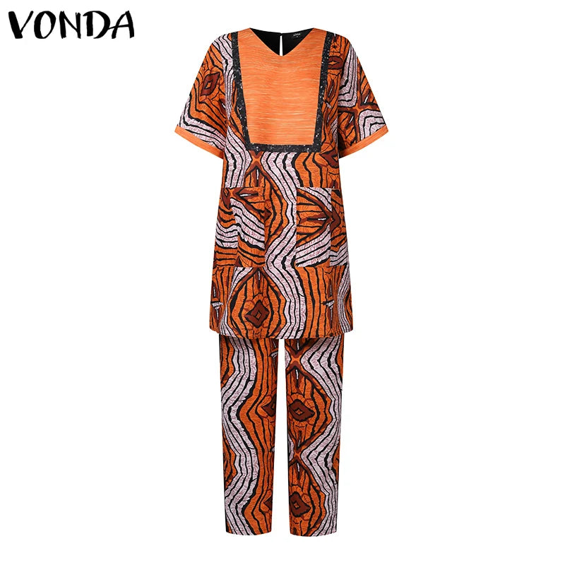 2 Piece Sets Women Summer Printing Loungewear Pants Sets VONDA 2024 Vintage Short Sleeve Tops Loose Pants Suits Matching Sets