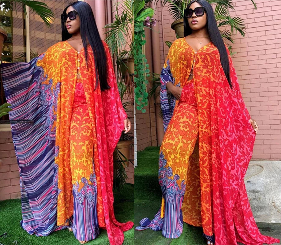 Women Africa Abaya 2 Piece Set 2024 African Dashiki New Fashion Two Piece Suit Wide Tops + Long Pants Party Free Size For Ladies