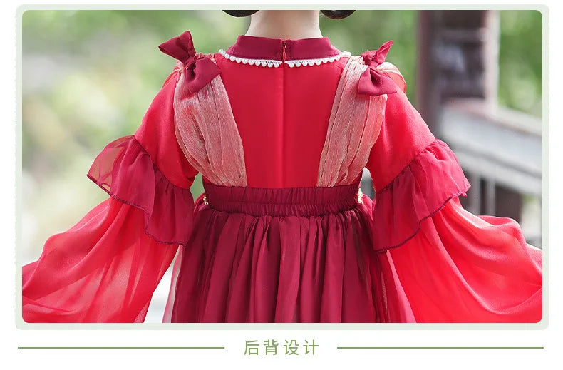 Chinese Vintage Style Girls Long Sleeve Red Hanfu Dress Sweet Chinese Princess Mesh Dress Traditional New Year Cosplay Custom