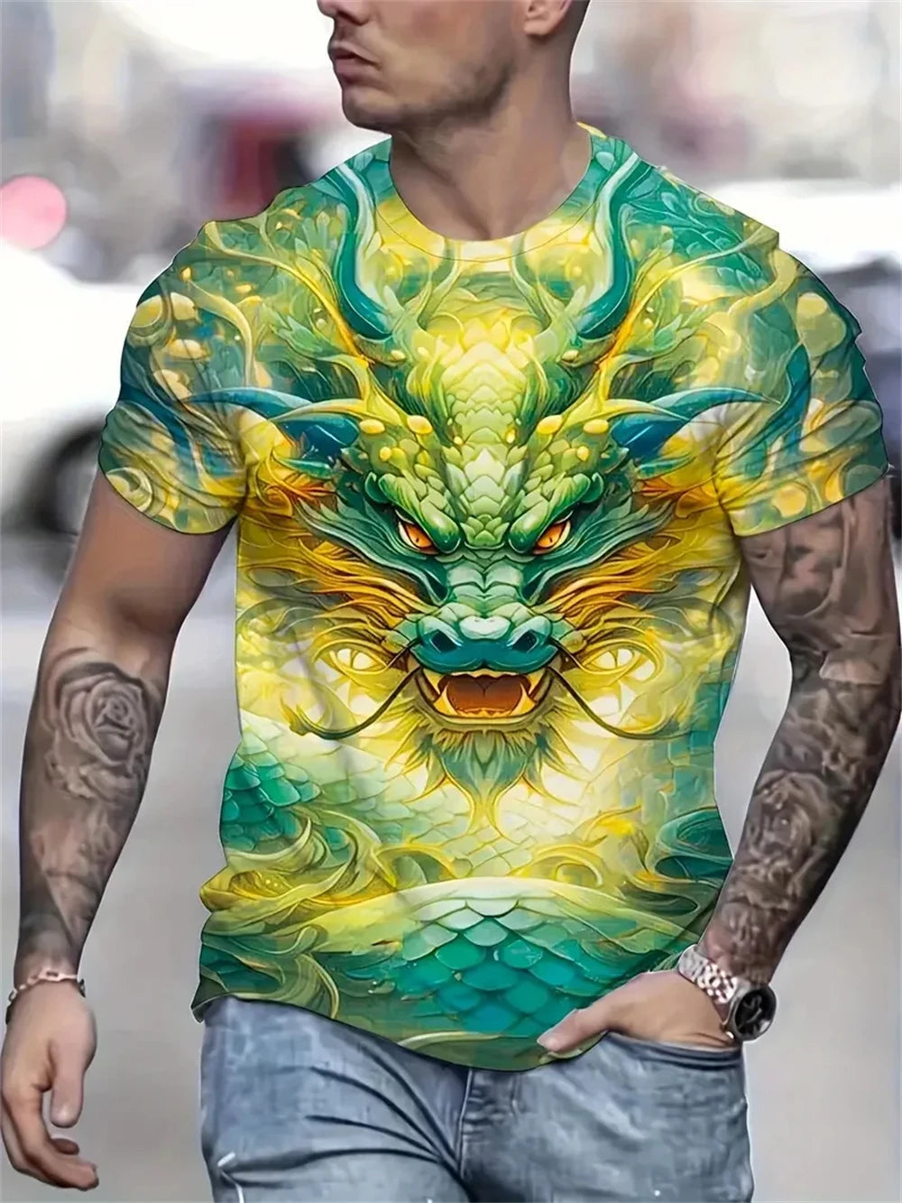 Mens Dragon Print Cotton Blend T-shirt - Stylish Crew Neck Comfortable & Breathable for Summer Casual Everyday Wear Hot Sale