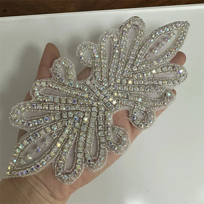 1PCS  AB Silver Rhinestone Applique flower patches Iron on/sew on wedding dress accessories For Clothes Decoration