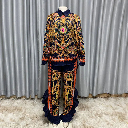 African Dresses For Women Dashiki Vintage Print Blouse Shirt 2 Piece Sets Africa Clothing Ruffles Pants Matching Sets Overalls