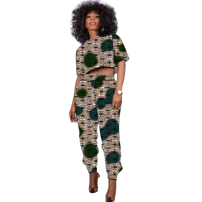 African Print Outfit Summer Women's Set Short Tops With Jogger Pants Casual Female Ankara Clothing