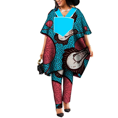 Ankara African Prints Two Pieces Set Women's Agbada Pant Suits Wax Cotton Loose T-Shirt Dashiki Clothing Plus Size WY9100