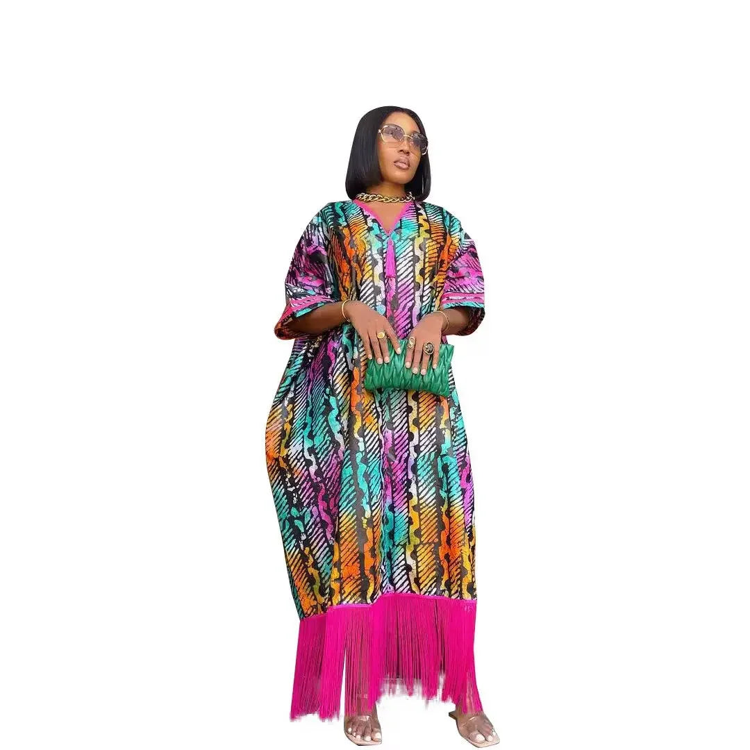 2024 African Dresses for Women Tassels African Fashion Boubou Dashiki Ankara Outfits Evening Gown Abayas Printing  Kaftan Robe