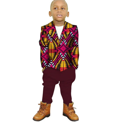 African Clothes for Children 2 Pieces Set Ankara Print Blazer and Pant Dashiki Boy Suit Fashion Kids African Clothing WYT208