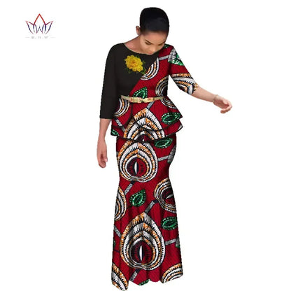 BRW Traditional African Clothes for Women Dashiki 2 Pcs Outfits Rose Applique Tops and Long Skirt Set Elegant Party Dress WY2642