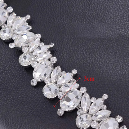 1 Yard Luxury Shiny Glass Strass Bridal Dress Belt Sash Trim Appliques – Clear AB Silver Rhinestones Sew-On Decorations