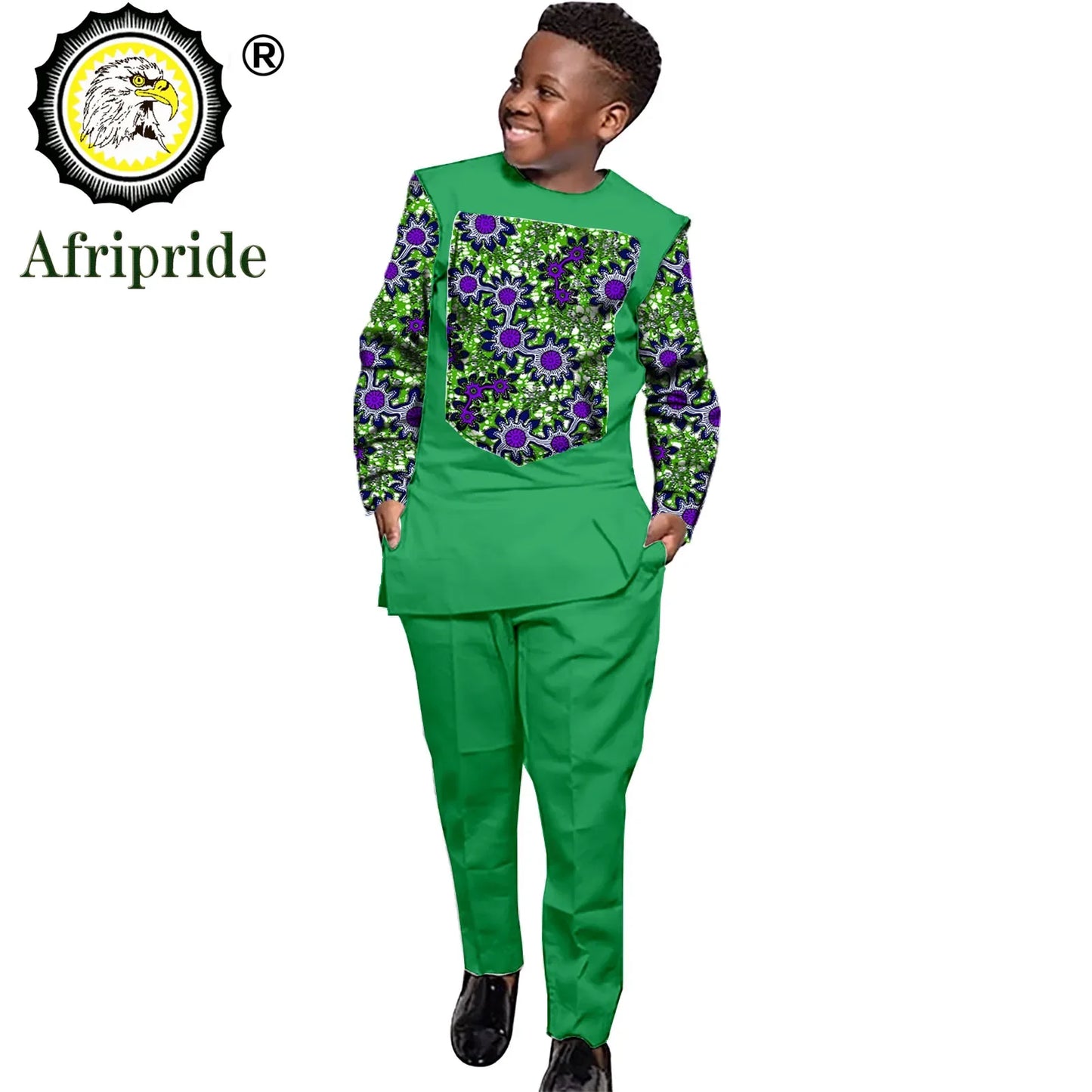 African Clothing for Boy Suit with Long Sleeves Wax Print Anakara Clothing  Dashiki Shirts and Ankara Pants AFRIPRIDE S204004