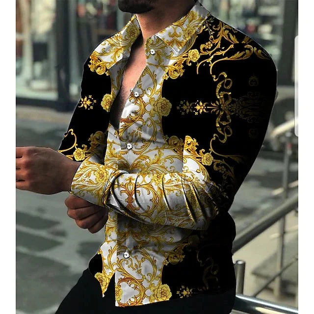 2024 New Hawaiian Shirts Luxury Gold Pattern Shirts Men's Fashion Casual Shirts Long Sleeves Lapel Beach Shirts Men's Clothing