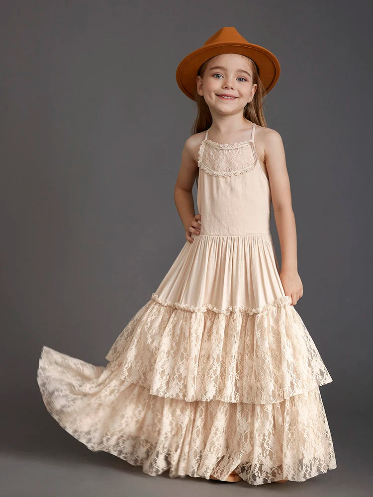 New 2024 Princess Girls Short Sleeve Lace Long Floor Dresses Baby Kids Flower Wedding Christmas Party Vestidos Children Clothing