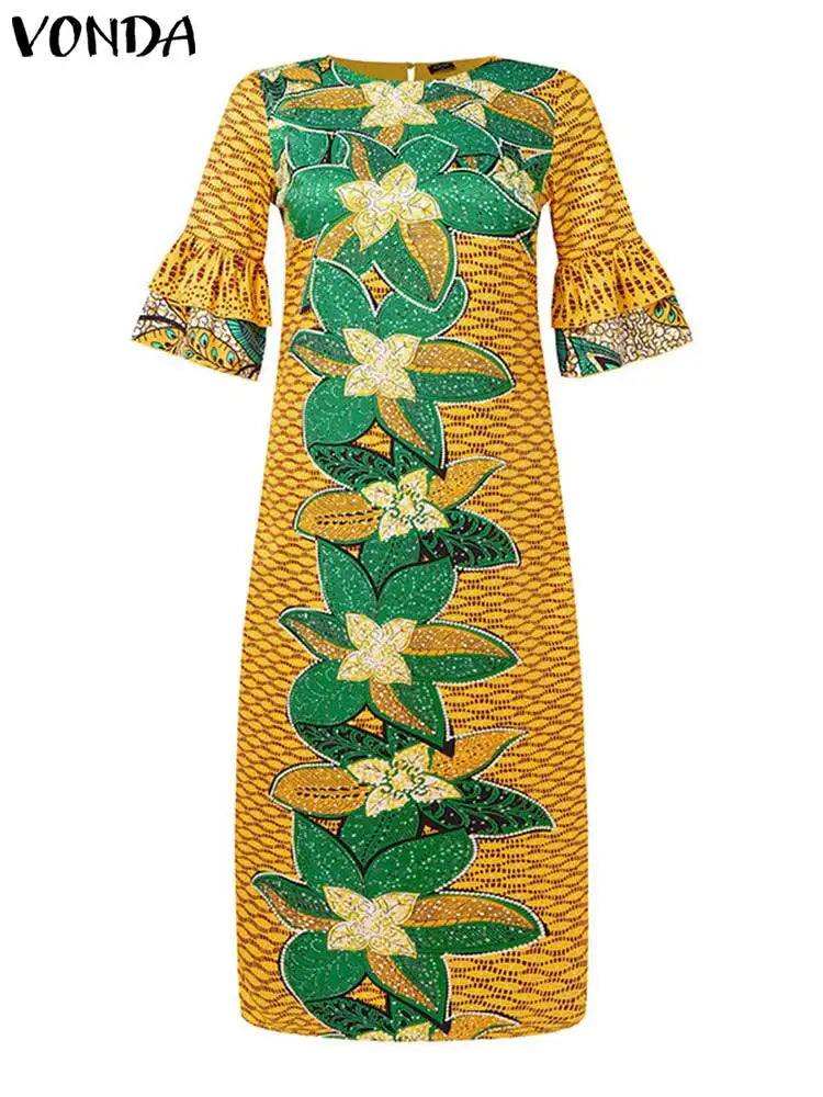 Plus Size 5XL VONDA Women Maxi Dress 2024 Vintage Printed Flare Sleeve Sundress Elegant Party Long Dress Vestido Loose Robe