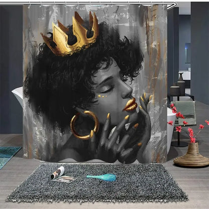 African Women Shower Curtain - Black Girl with Gold Crown Art, Elegant Bathroom Décor