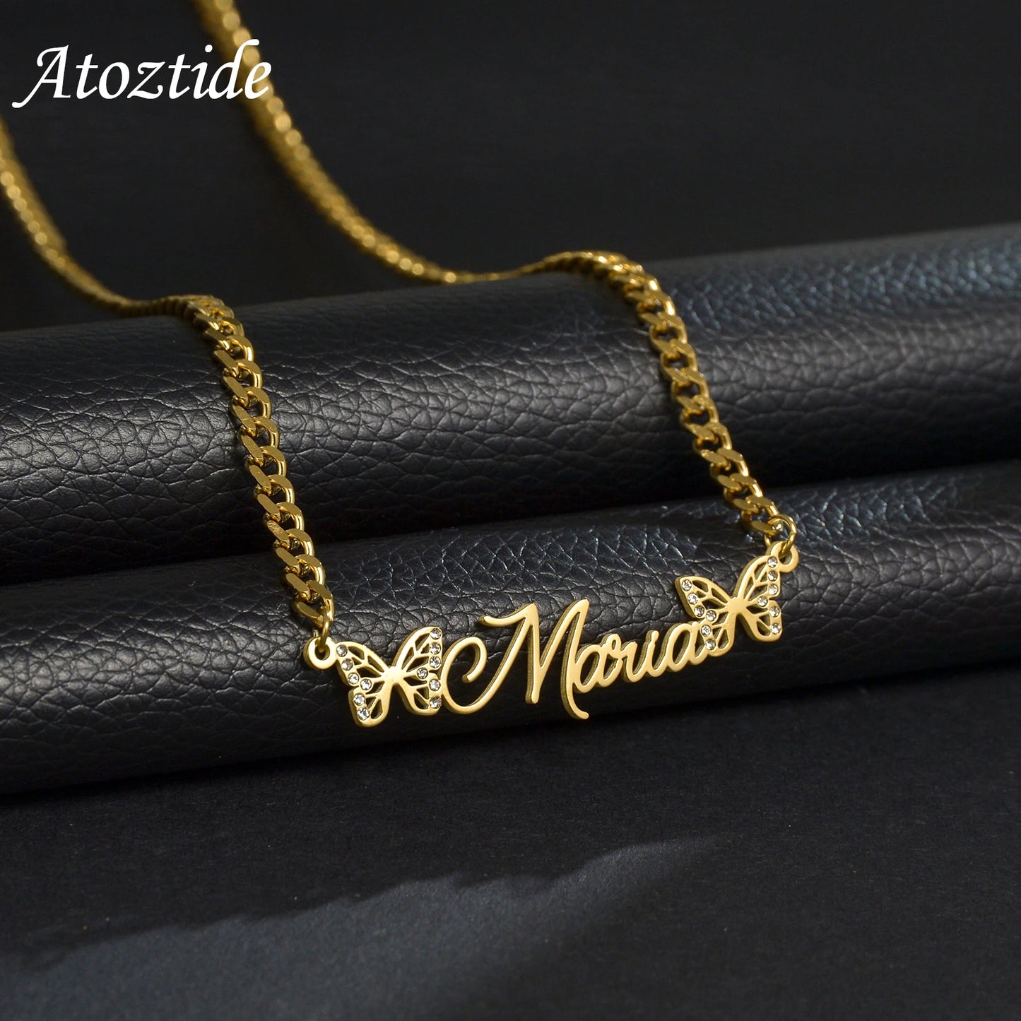 Atoztide New Custom Zircon Butterfly Name Necklace Customized Nameplate 4mm Cuban Chain Necklaces for Women Jewelry Gift