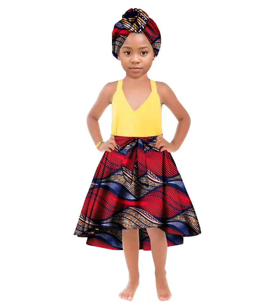 ORIENTAR African Girl's Clothes for Long Ankala Print Skirt Take A Headscarf To The Knees Children Clothing WYT842