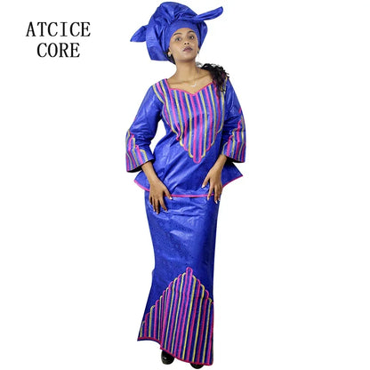 African Dresses For Woman Bazin Riche Computer Emboridery Plus Size Long Dress With Scarf