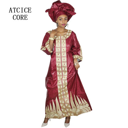 African Dresses For Woman Bazin Riche Embroidery Desing Long Dress With Scarf 2 Piece Set